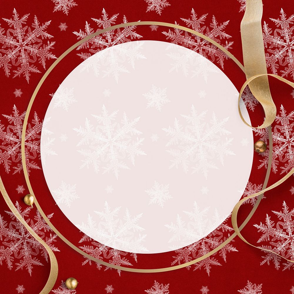 Red season's greetings snowflake frame, remix of photography by Wilson Bentley