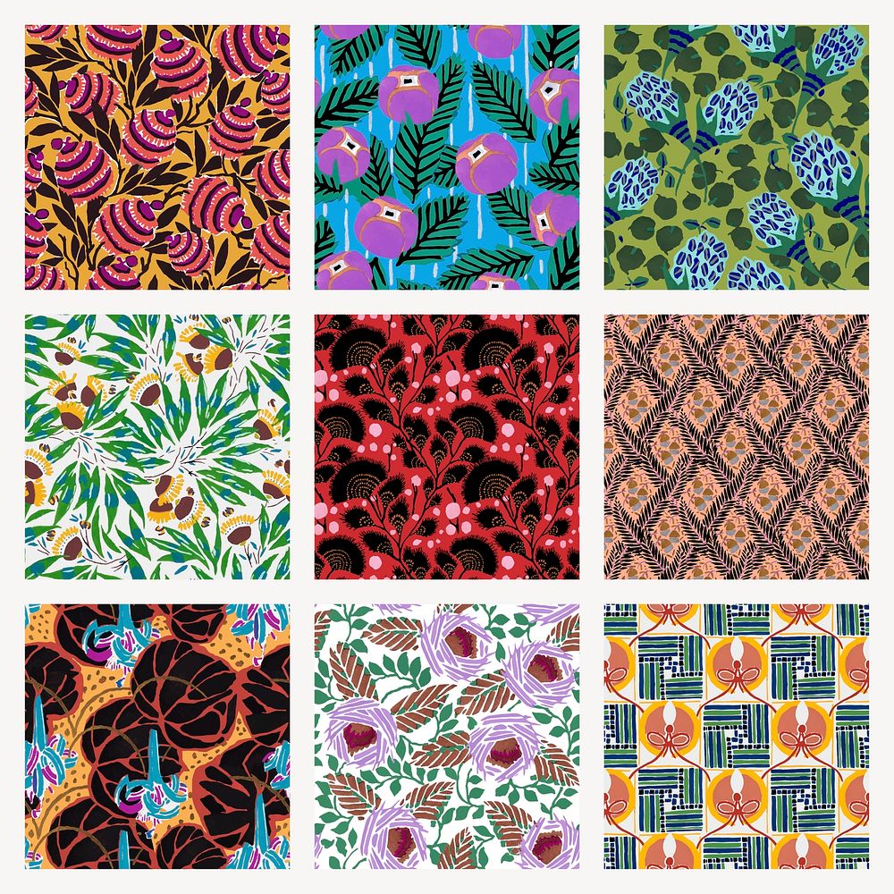 Aesthetic flower pattern backgrounds, vintage floral Art Nouveau fabric design vector set 
