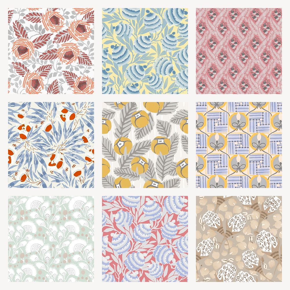 Aesthetic flower pattern backgrounds, vintage floral Art Nouveau fabric design vector set
