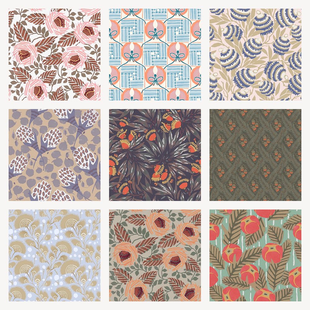 Pastel flower pattern background, vintage floral Art Nouveau fabric design psd set