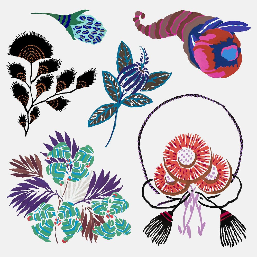 Aesthetic flower sticker, collage clipart in vintage floral Art Nouveau style vector collection