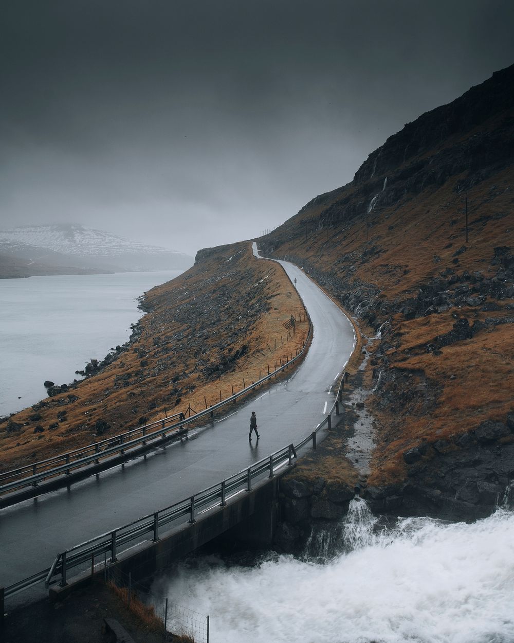 Scenic freeway by the lake on Faroe Islands