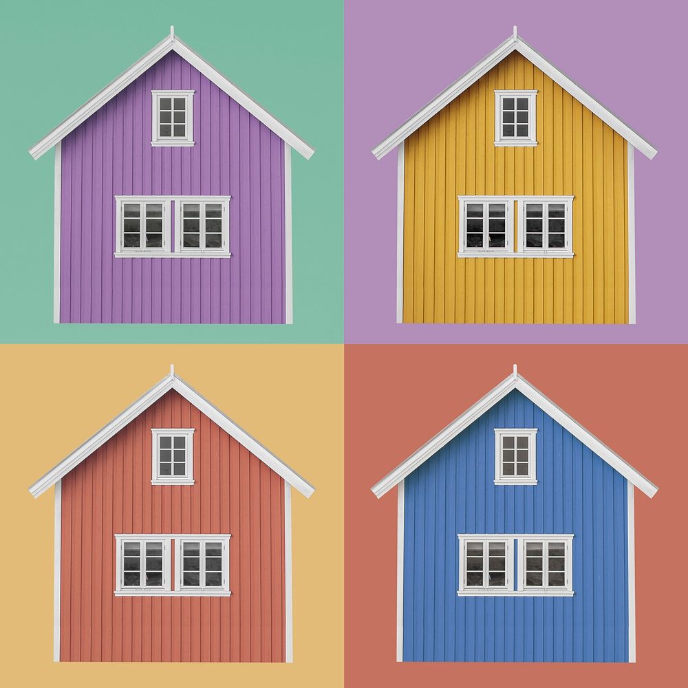 Colorful Nordic cabin illustration set