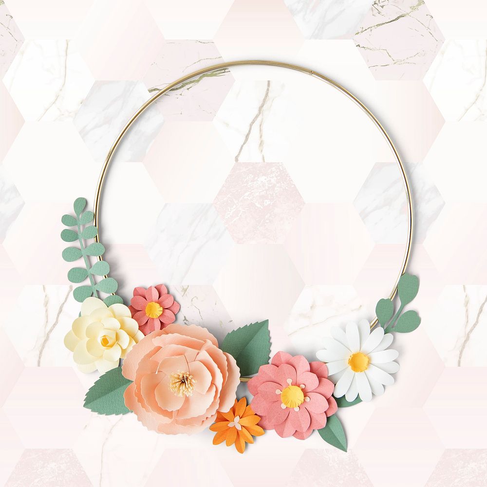 Round gold frame with paper craft flowers mockup