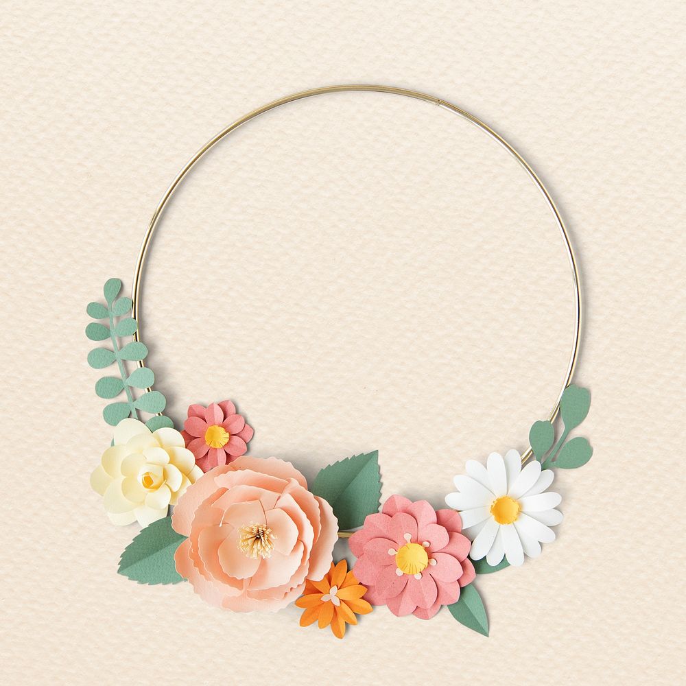Round gold frame with paper craft flowers 