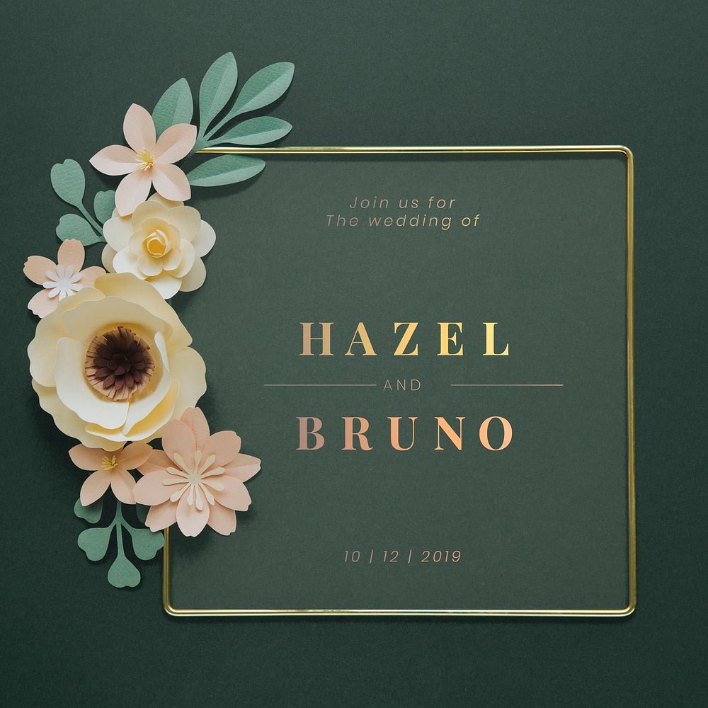 Square gold frame with paper craft flowers mockup