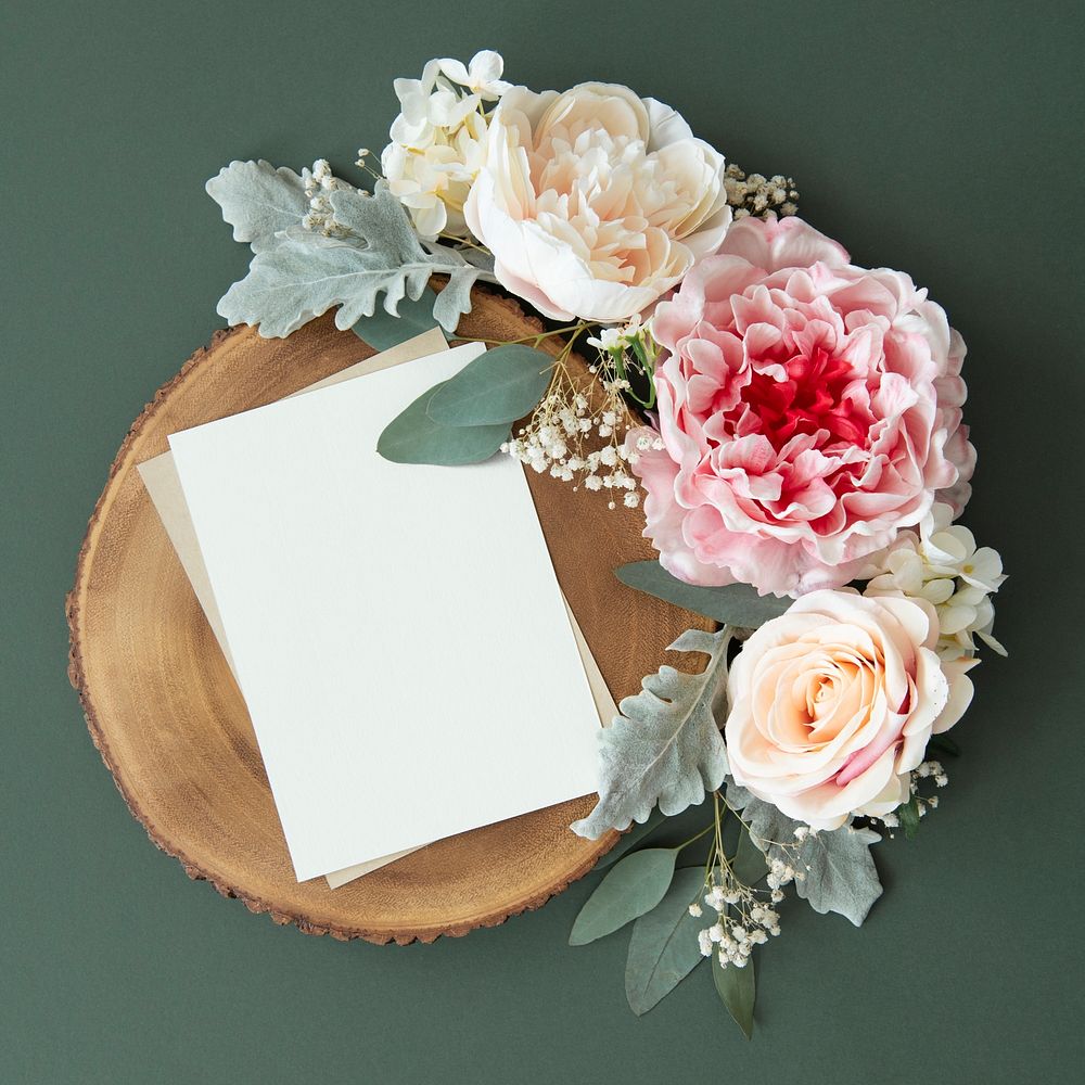 Blank white card template mockup and roses