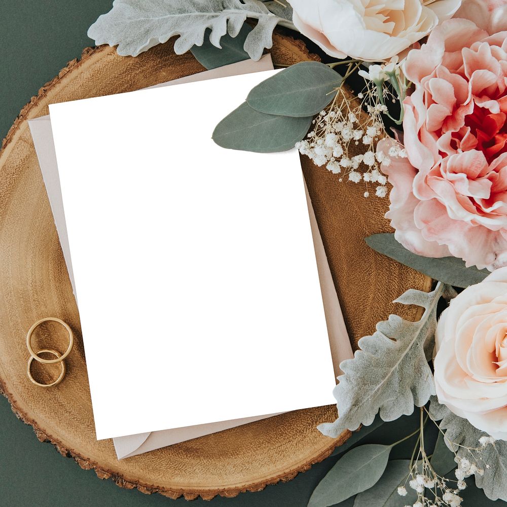 Blank white card template and roses
