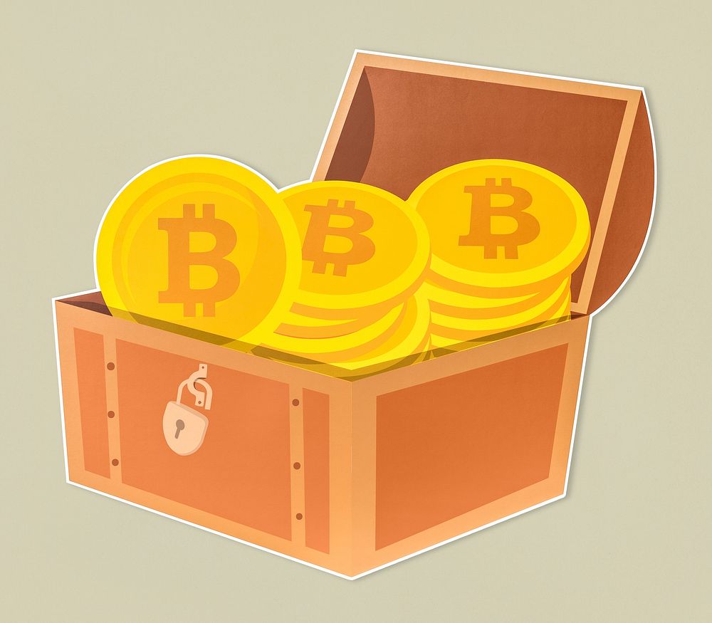 Stack of bitcoins in a treasure chest