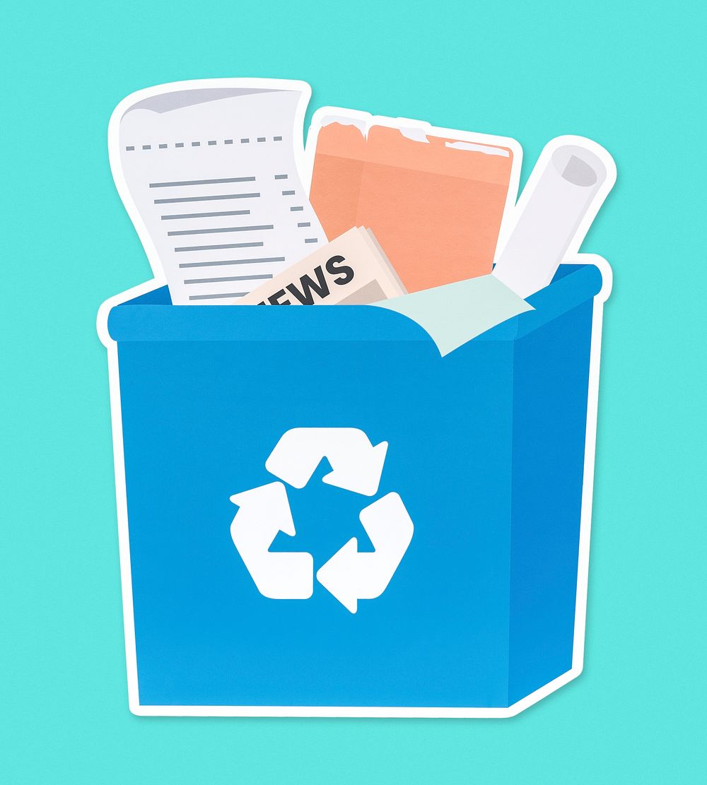 Papers in a blue recycling bin