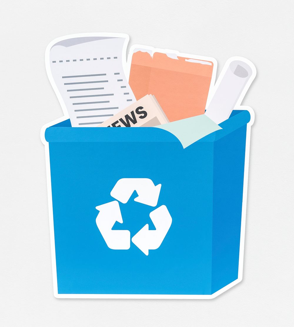 Papers in a blue recycling bin