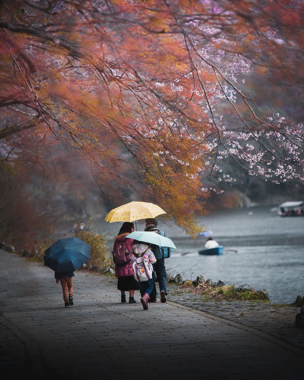 Japanese family walking by the river in Arashiyama. 30 MARCH, 2019 - KYOTO, JAPAN