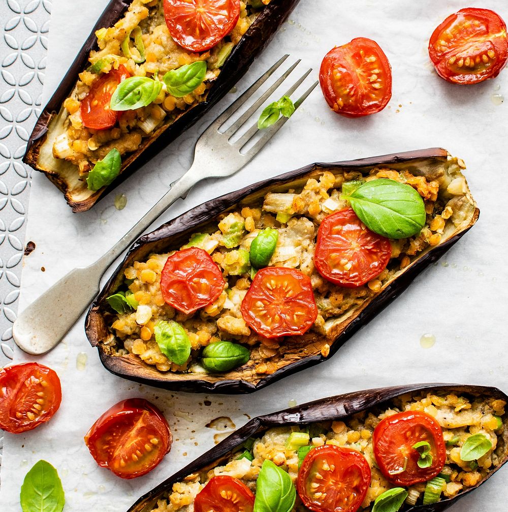 Stuffed roasted eggplants with tomatoes Premium Photo rawpixel