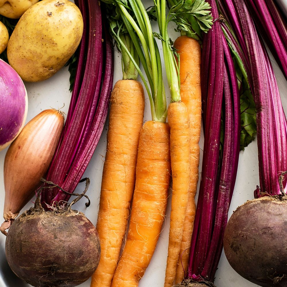 Various of fresh organic vegetable on a metal tray