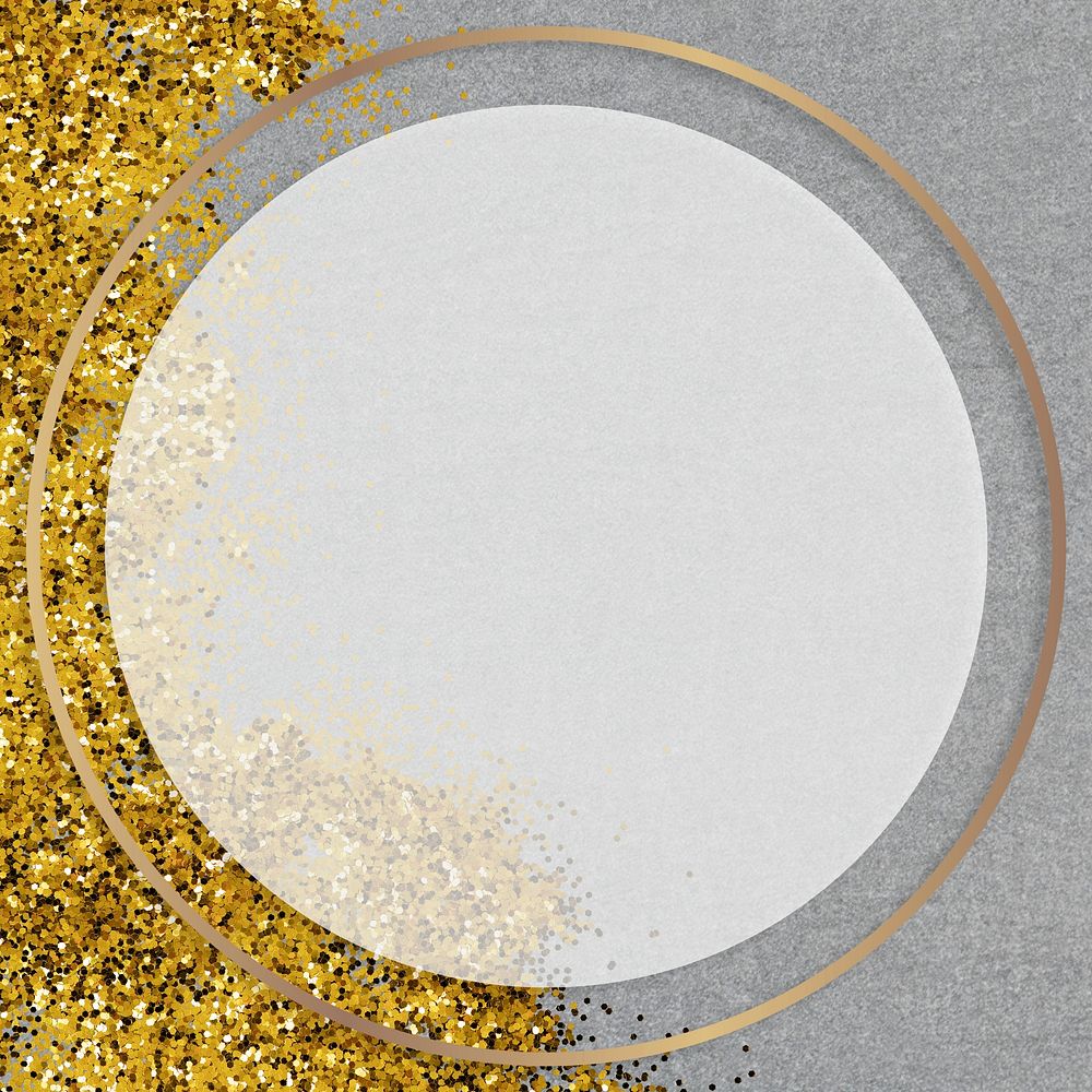 Gold shimmering round frame design element on a gray background