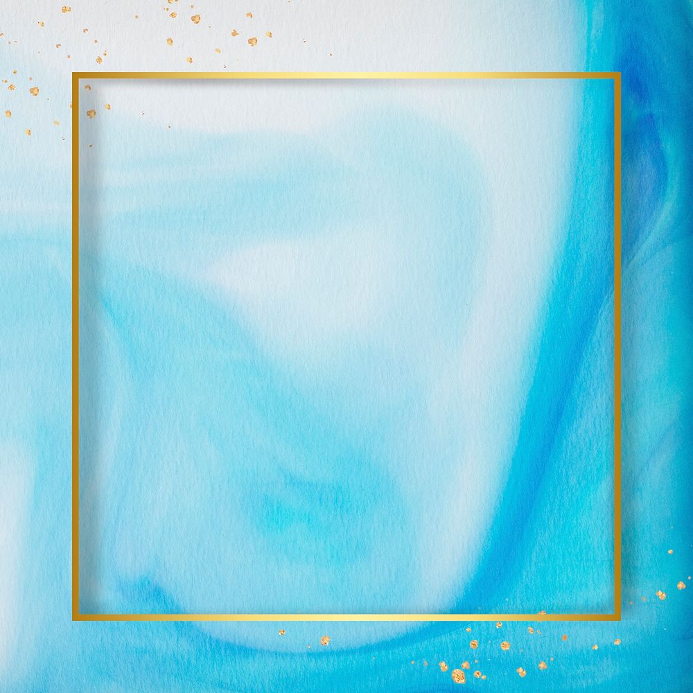 Square gold frame on abstract blue watercolor mockup