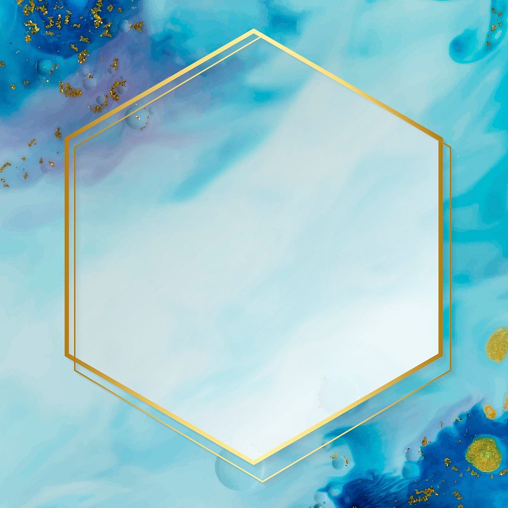 Hexagon gold frame on abstract blue watercolor vector