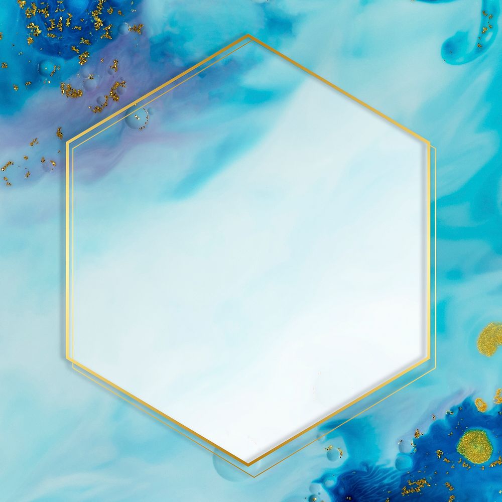 Hexagon gold frame on abstract blue watercolor