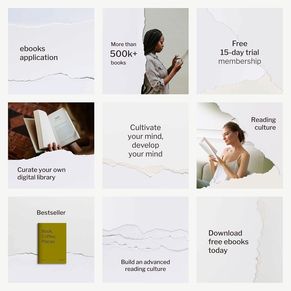 Minimal digital library template vector ripped paper craft social media ad