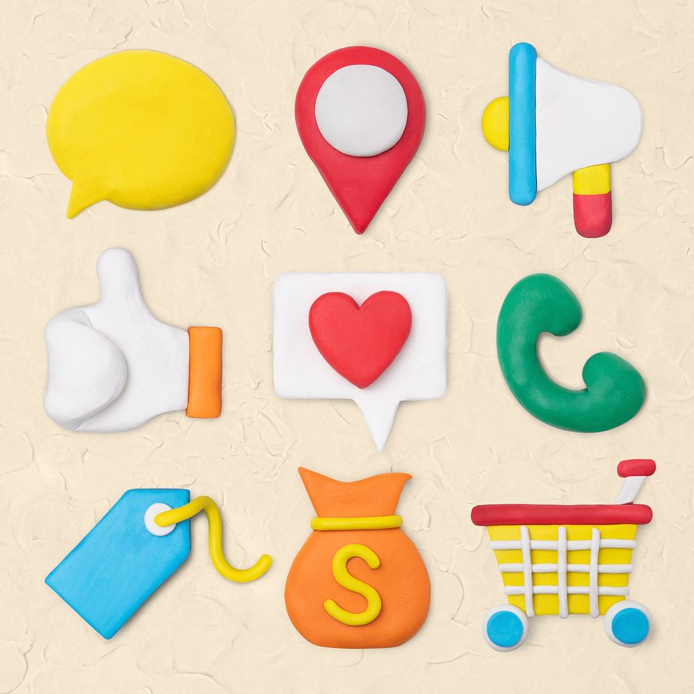 Marketing business icon psd creative colorful clay kids graphic set
