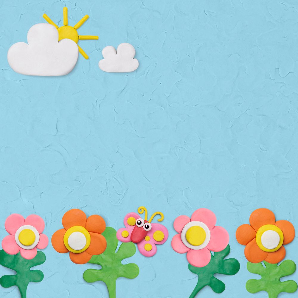 Flower garden textured background psd in blue plasticine clay craft for kids