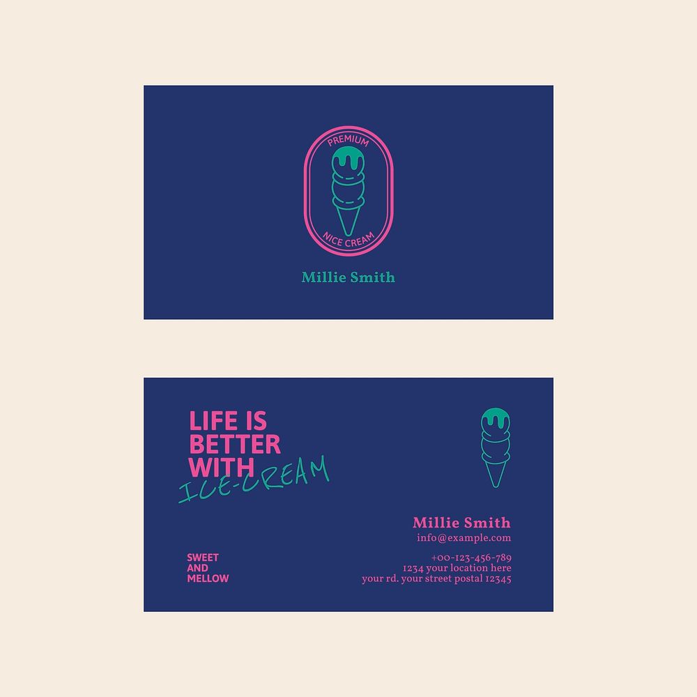 Ice cream business card template psd in navy and pink