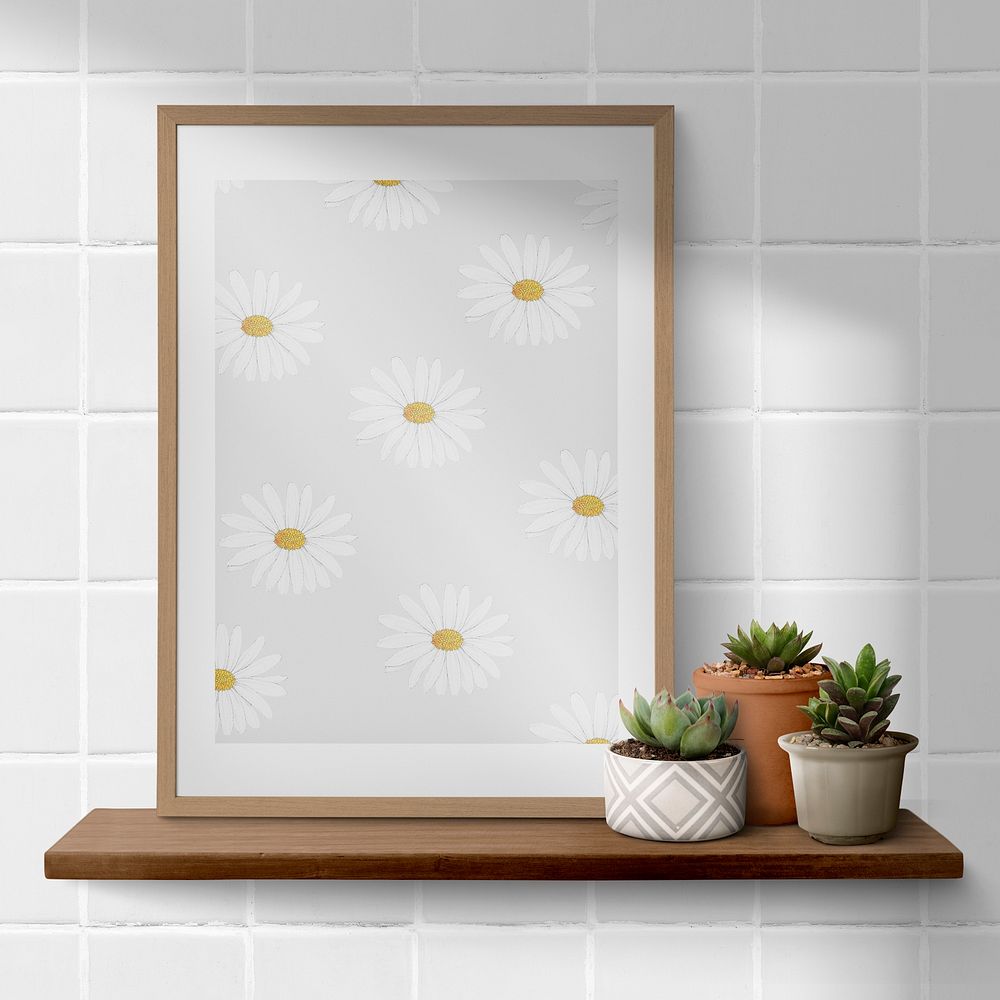 Wooden picture frame psd mockup on a shelf with plants