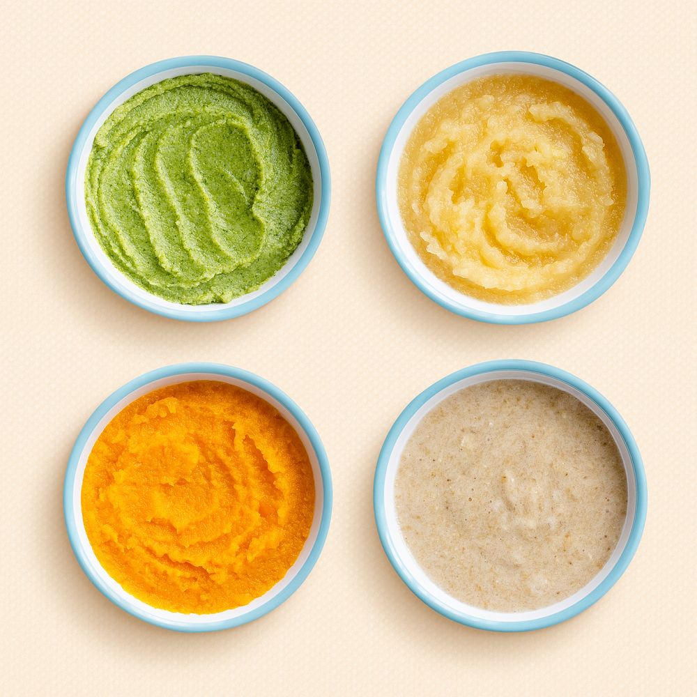 Healthy baby food vegetable puree organic recipe in bowls