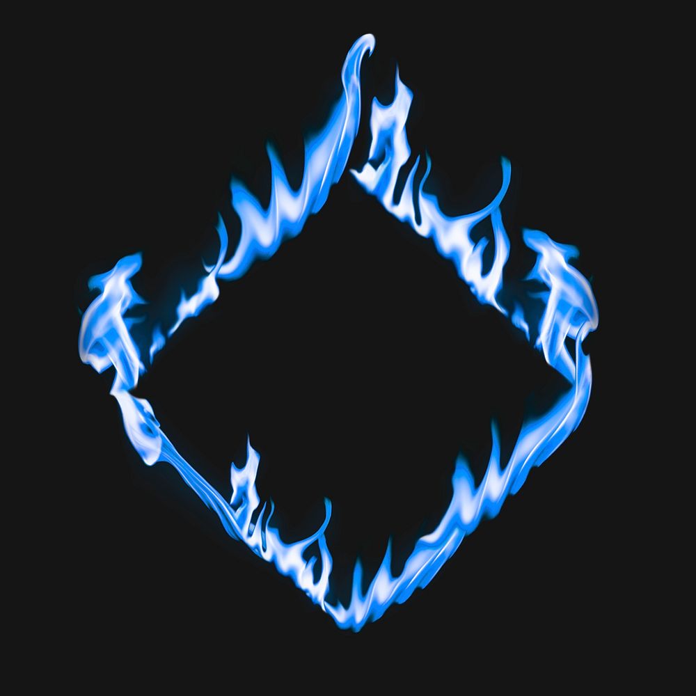 Flame frame, blue square shape, realistic burning fire psd