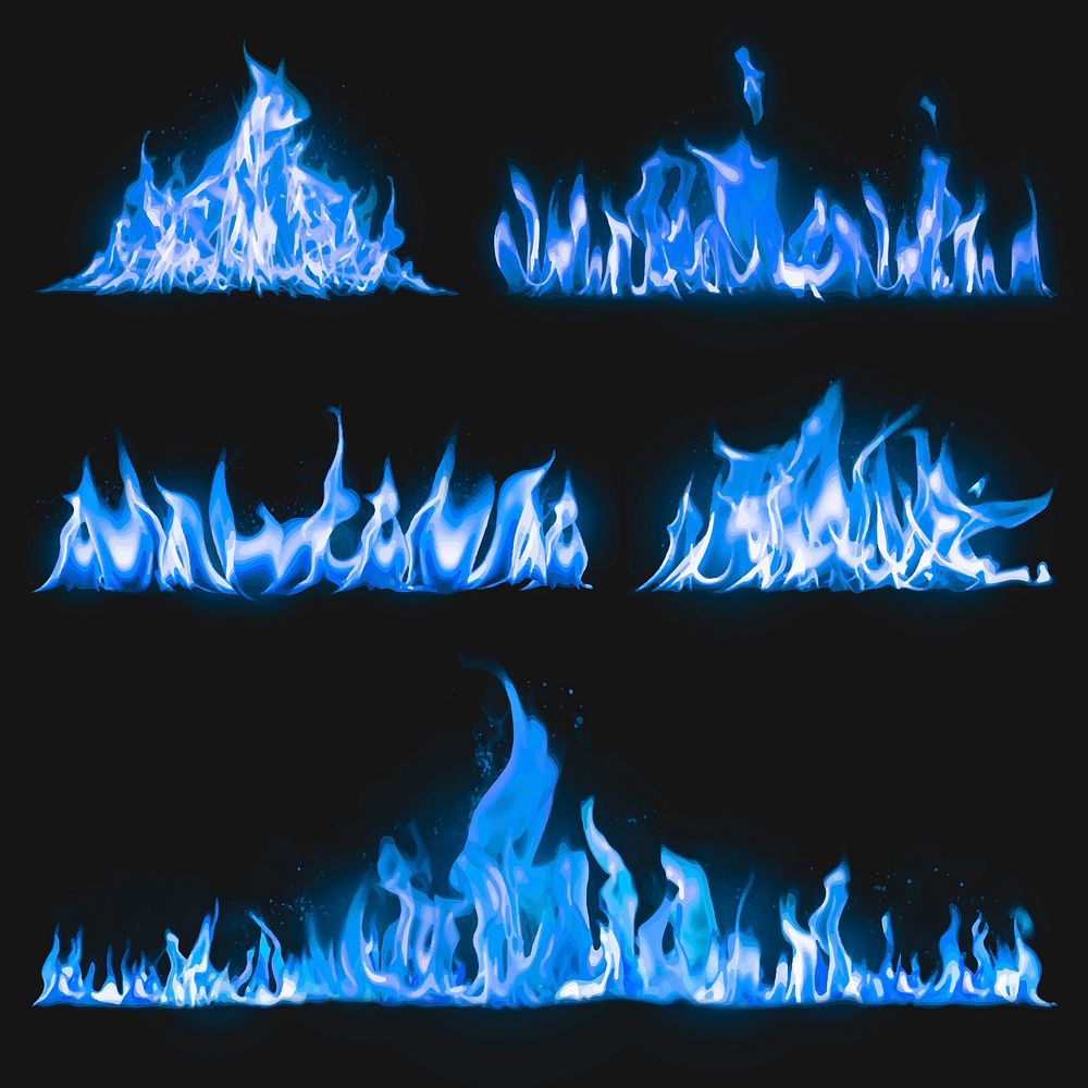 Blue flame border sticker, realistic fire image vector set