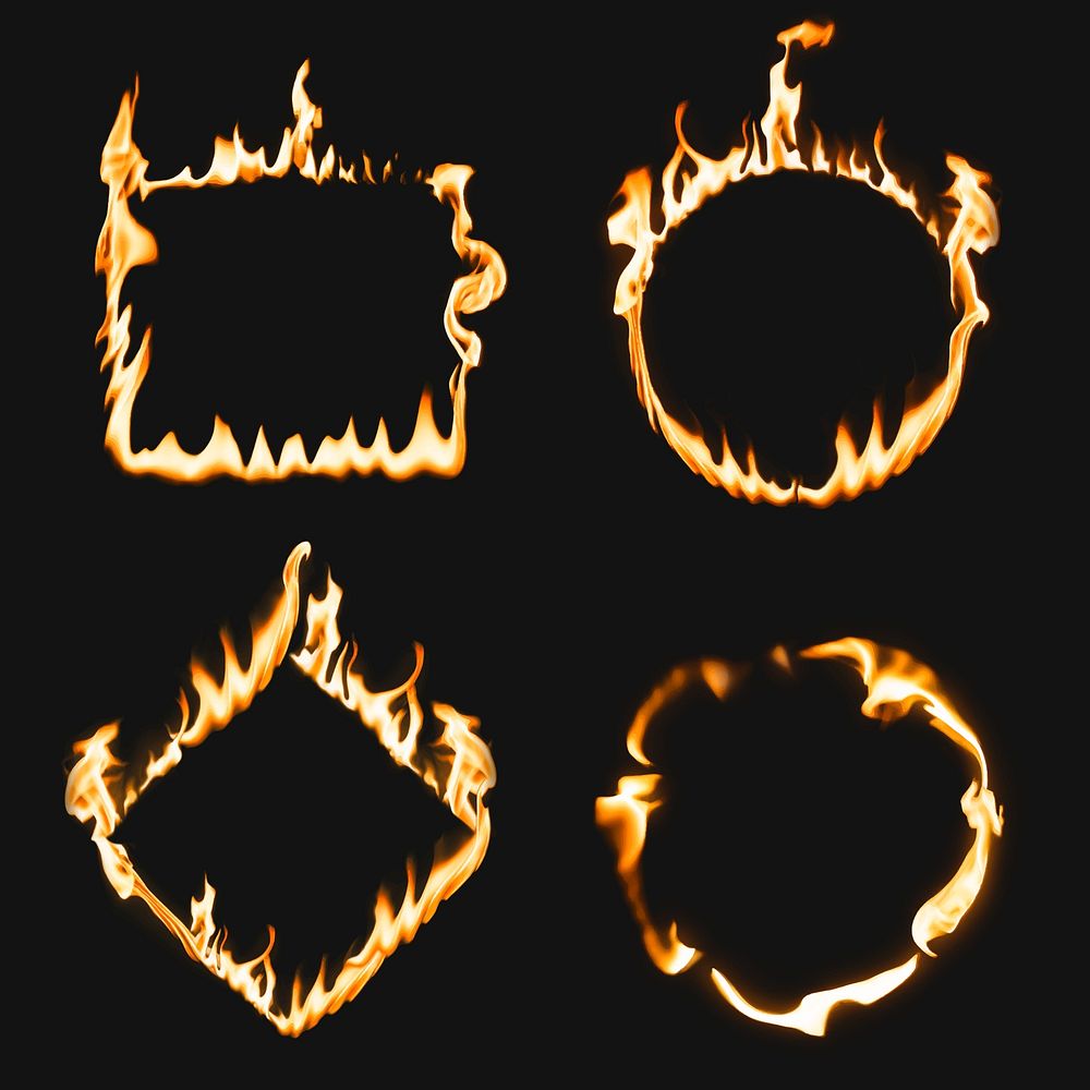 Flame frame, square circle shapes, realistic burning fire vector set