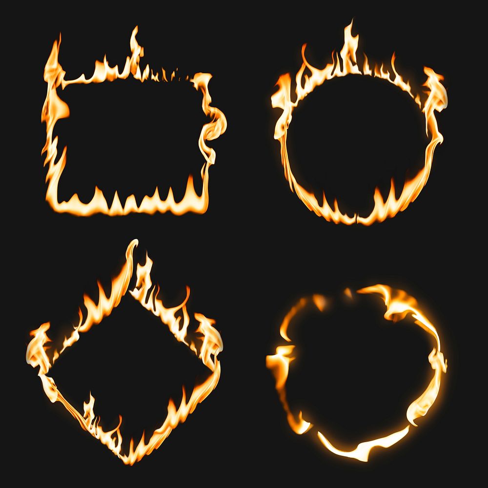 Flame frame, square circle shapes, realistic burning fire psd set