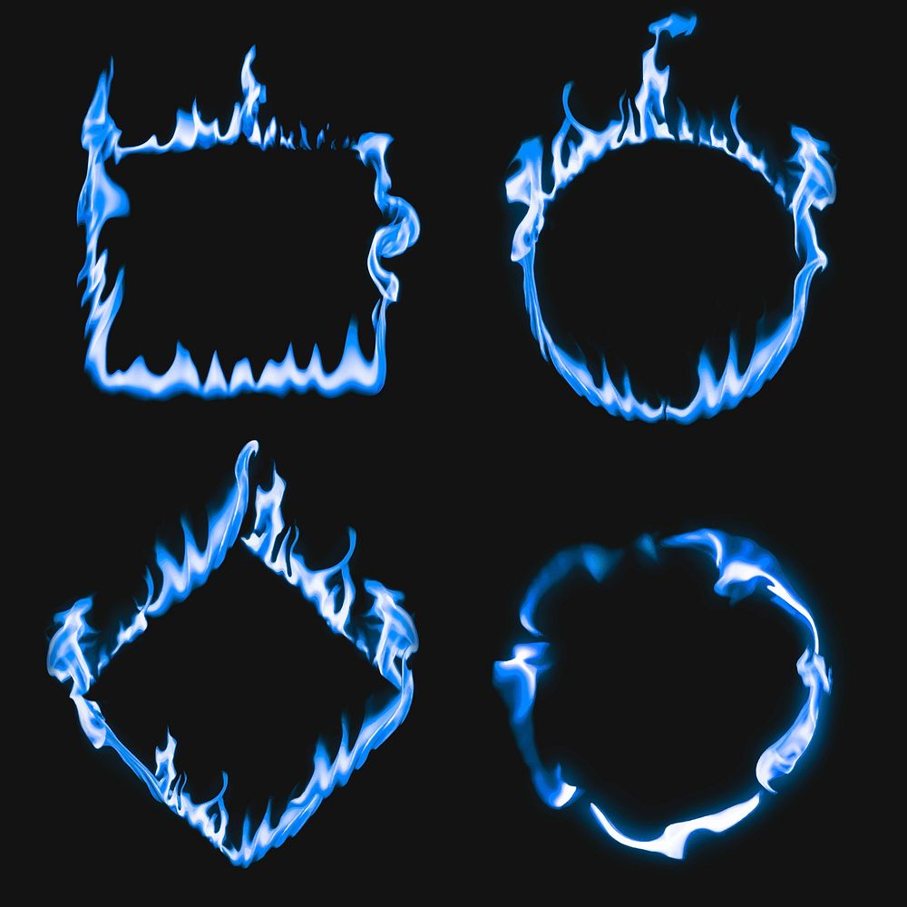 Flame frame, blue square circle shapes, realistic burning fire vector set
