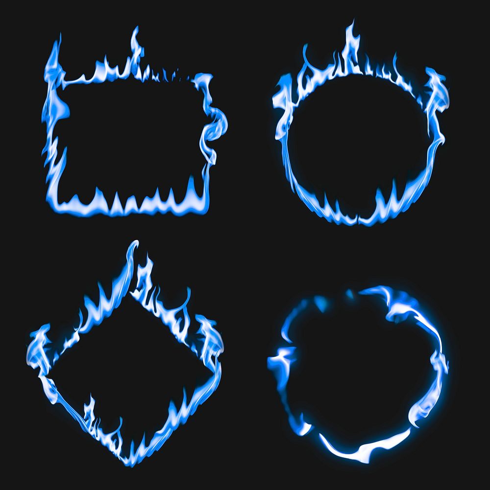 Flame frame, blue square circle shapes, realistic burning fire psd set