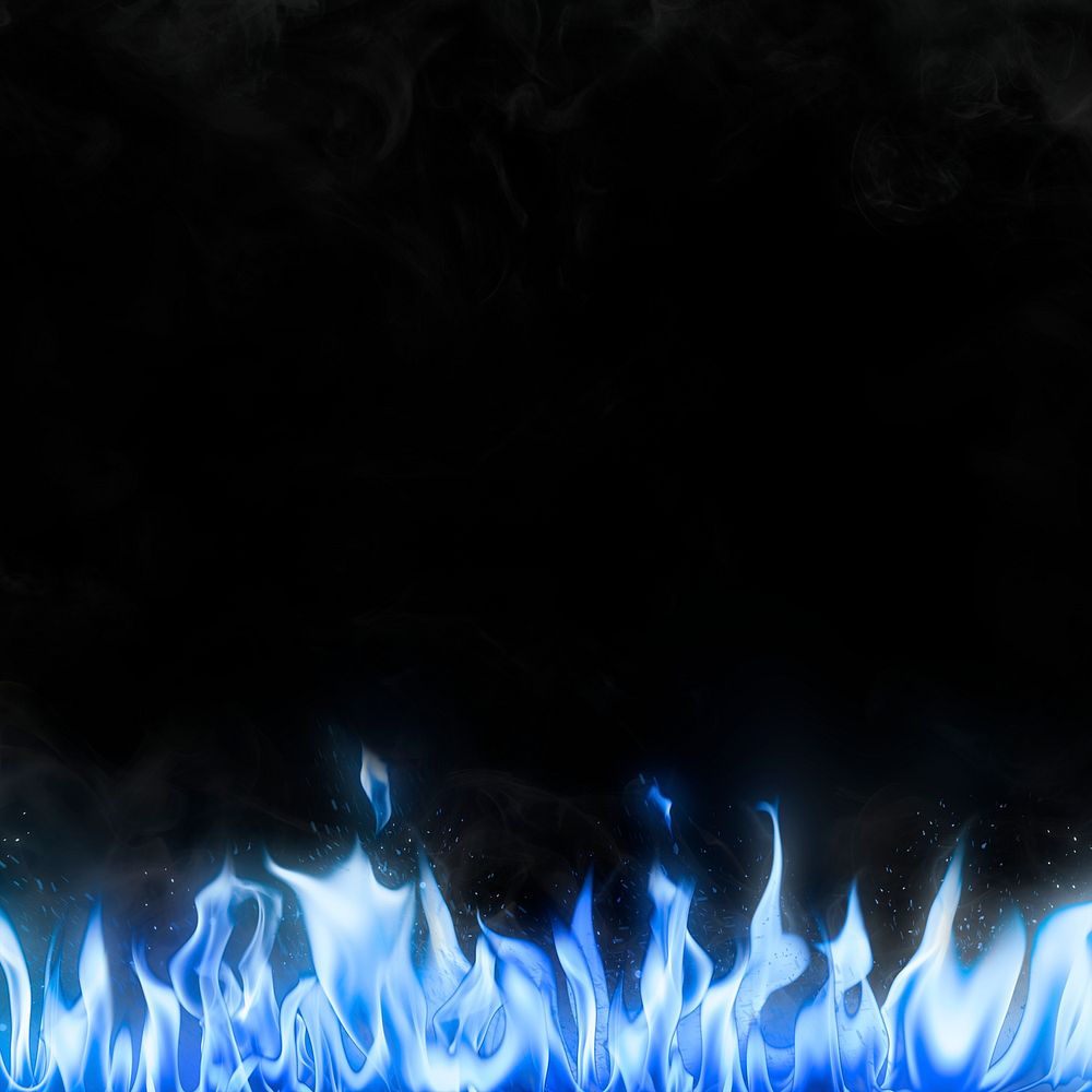 Black flame background, blue border realistic fire image psd