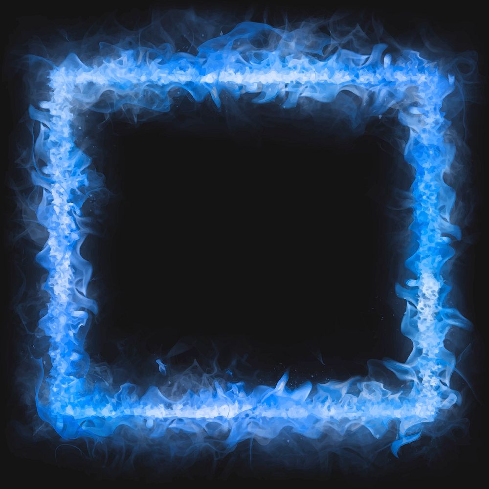 Flame frame, blue square shape, realistic burning fire vector