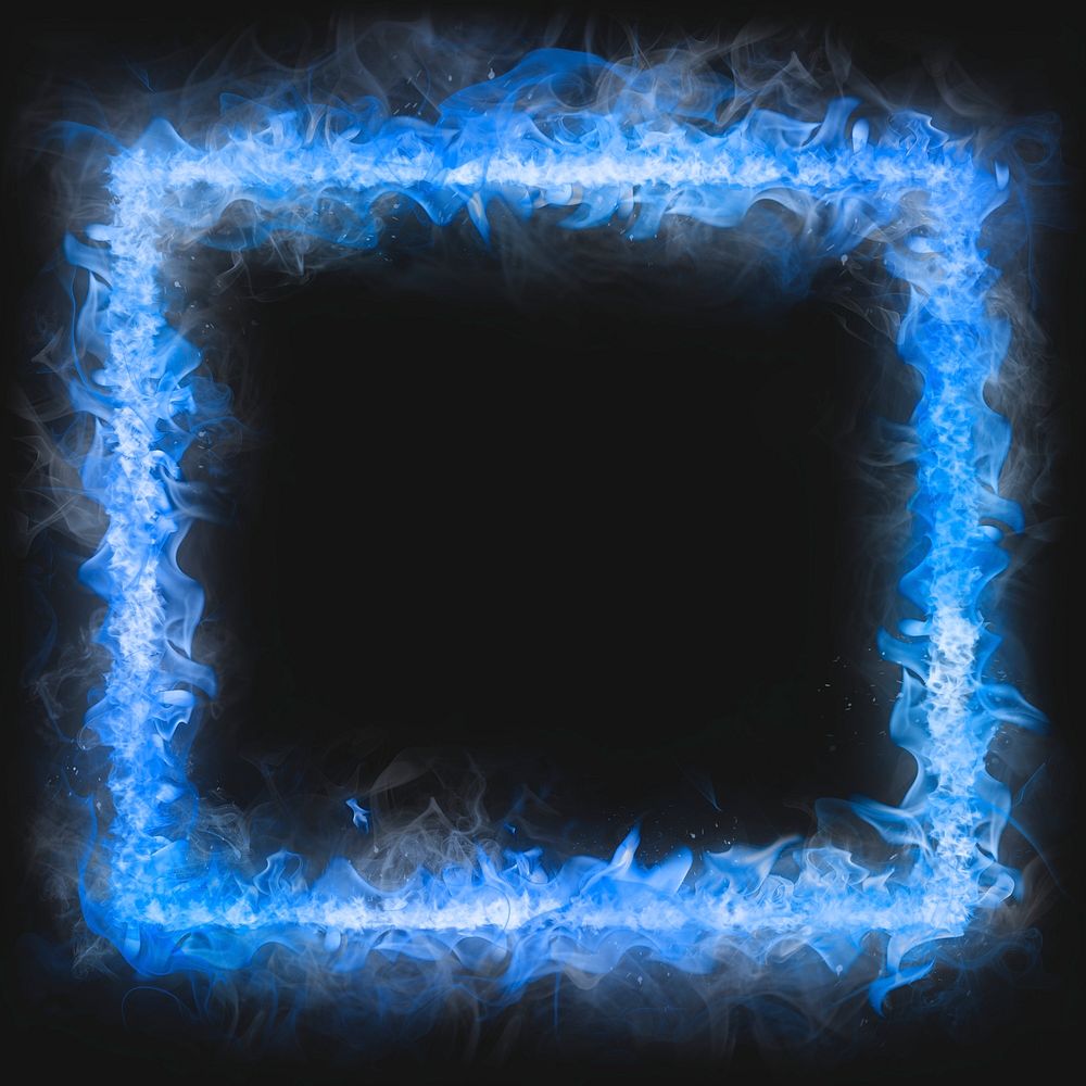 Flame frame, blue square shape, realistic burning fire psd