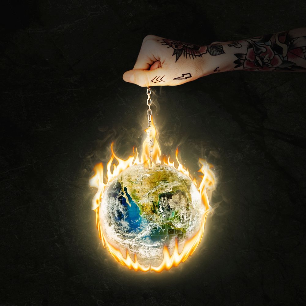 Global warming, burning earth image, environment remix psd with fire effect