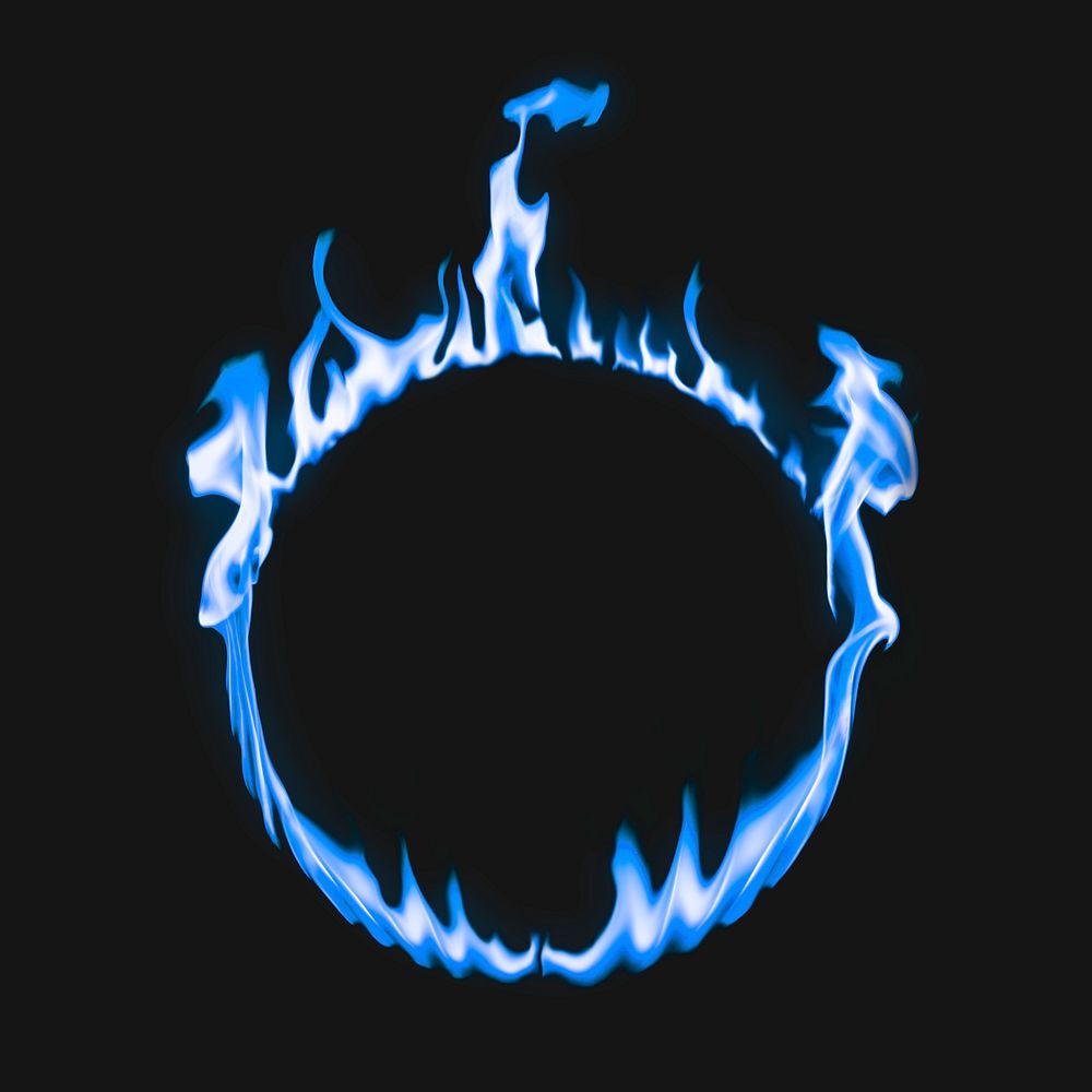 Flame frame, blue circle shape, realistic burning fire psd