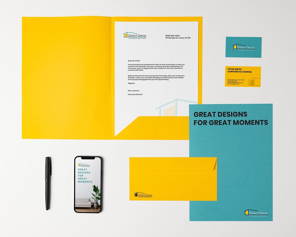 Corporate identity mockup, colorful professional stationery, business branding, flat lay design