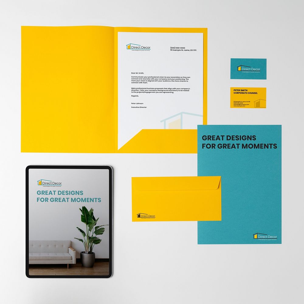 Colorful corporate identity mockup, professional stationery, business branding, flat lay design