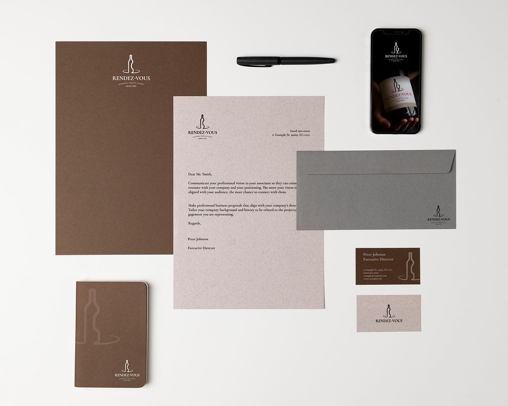 Brown corporate identity mockup, professional stationery, business branding, flat lay design
