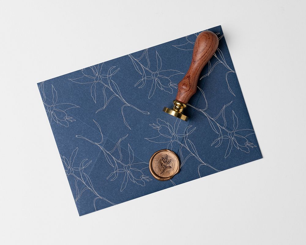 Blue floral envelope mockup psd, leaf wax seal