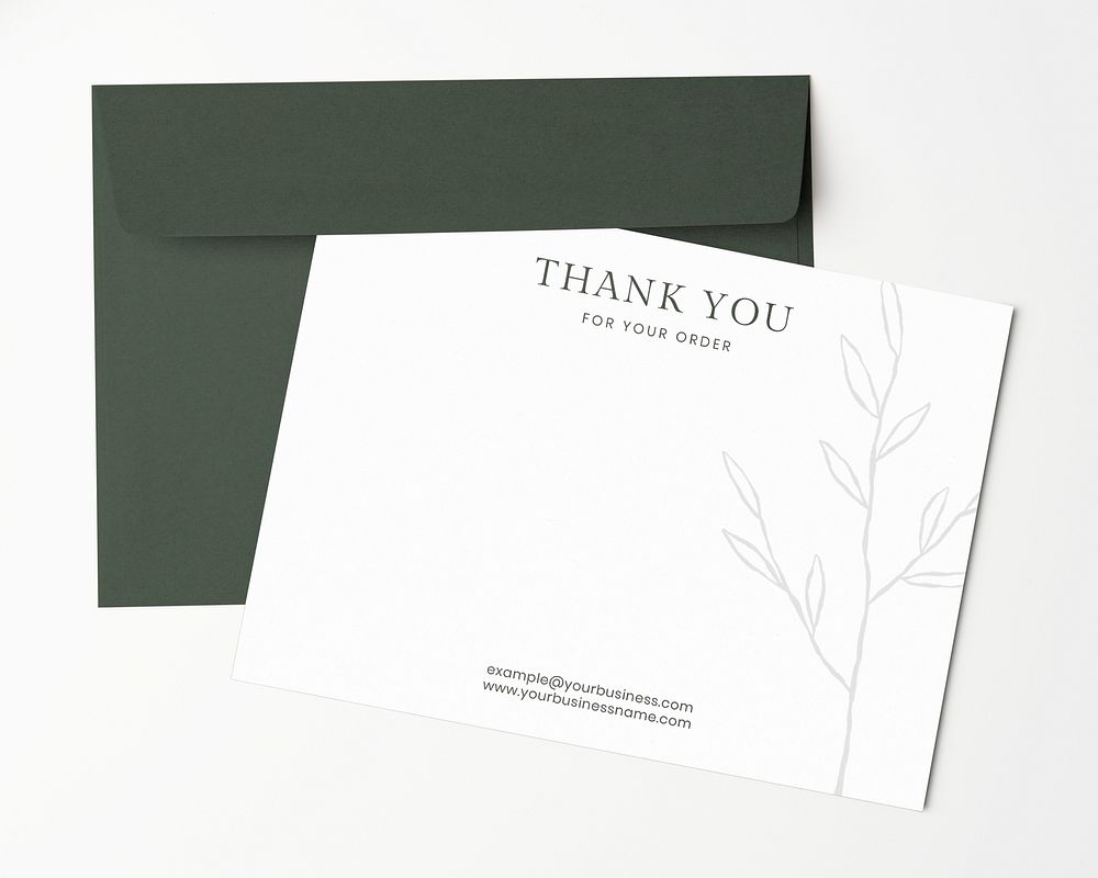 Thank you card mockup, aesthetic stationery, green envelope, flat lay design, psd