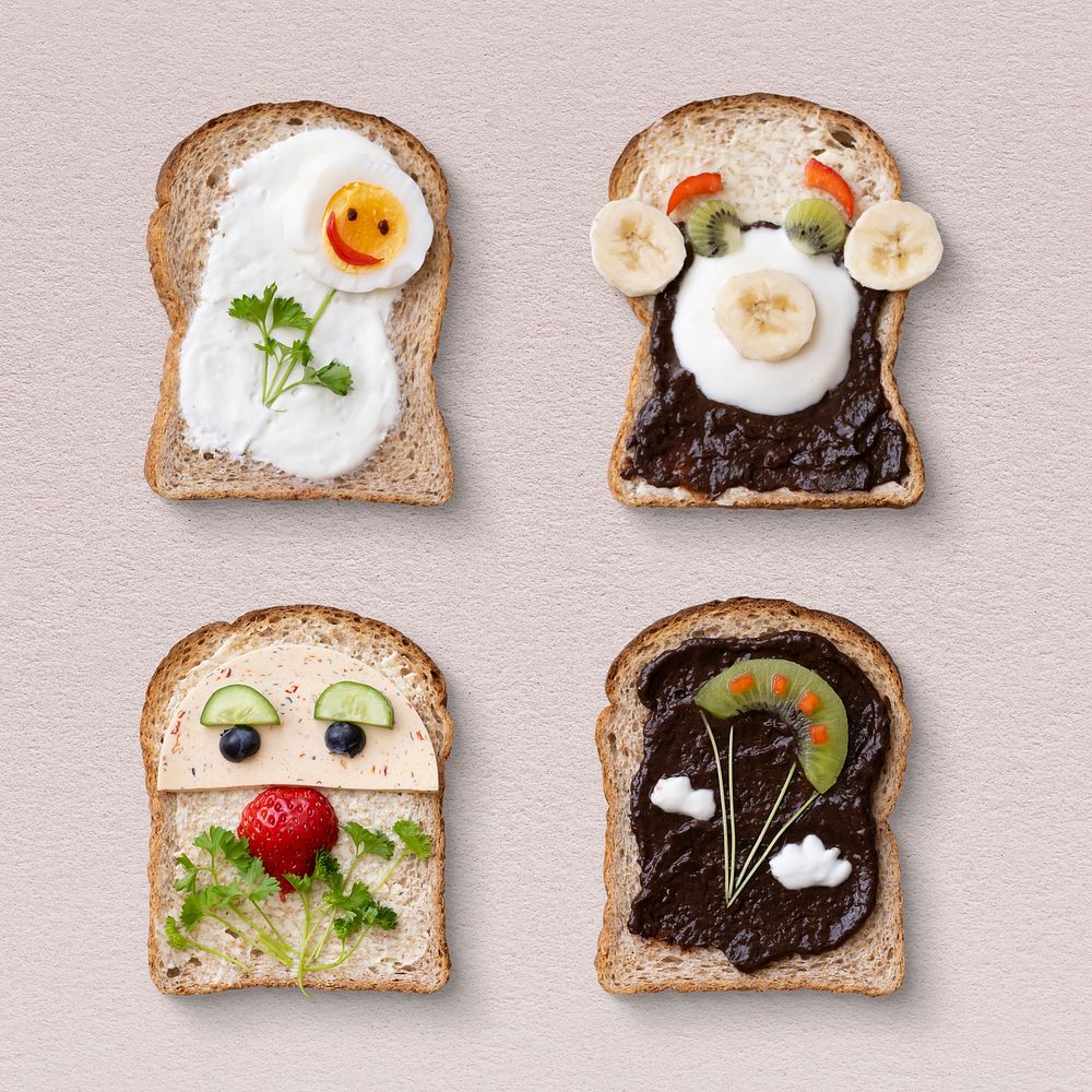 Kids food art sandwiches, with funny faces and flowers