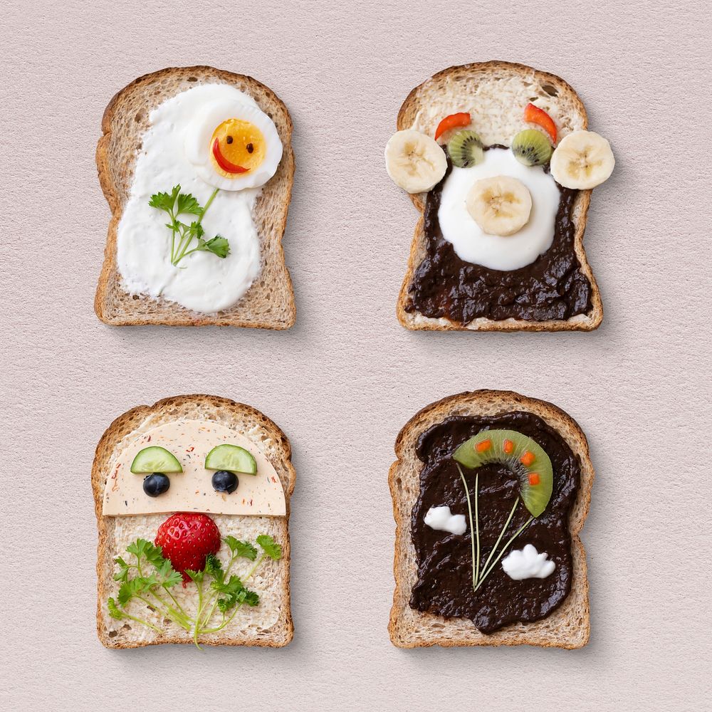 Kids food art sandwiches psd, funny faces and flowers