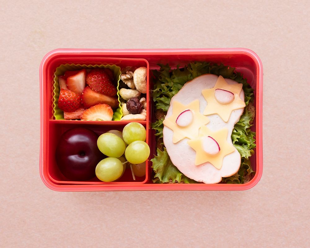 Kids food art bento, box with sandwich and strawberries 