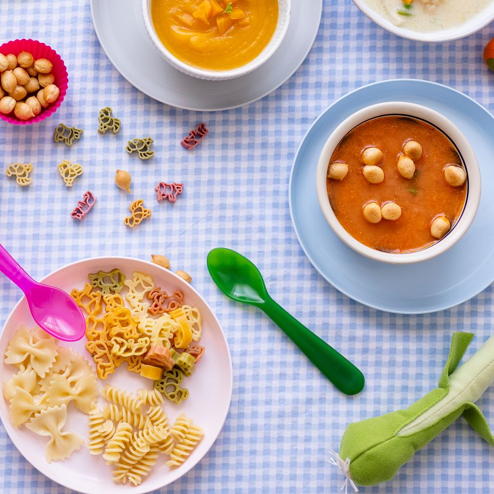 Kids food, carrot soup and chicken soup