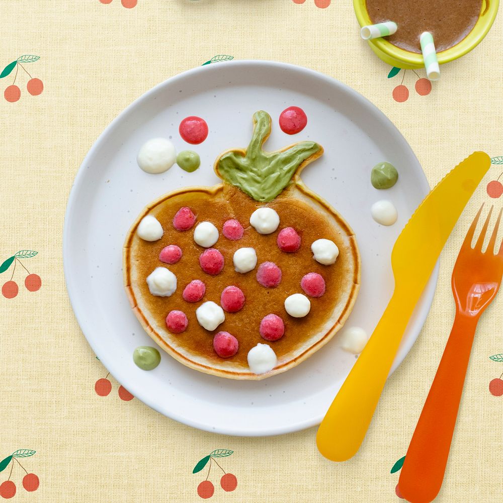 Kids pancake breakfast treat, shaped like a fun strawberry