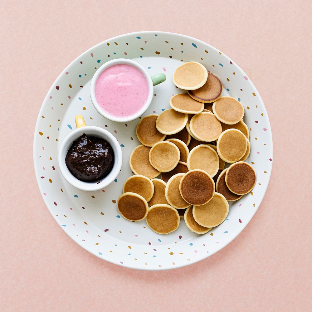 Mini pancakes kids breakfast treat psd, with chocolate spread and strawberry yogurt